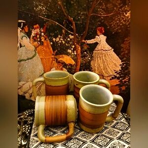 Pier 1 Coffee Mugs Brown Band Stoneware 4 ☕️Glazed Pottery Vintage,Nice Gift. 🎁